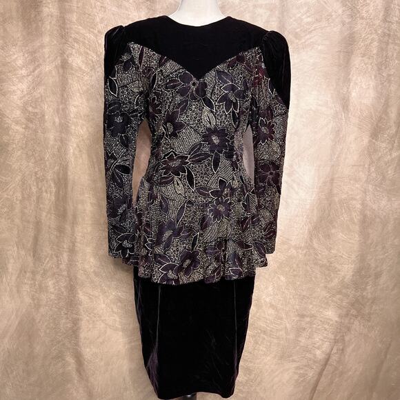 Vintage 90s Jessica McClintock Velvet Floral Peplum Dress Leg of Mutton Sleeve - Picture 10 of 10